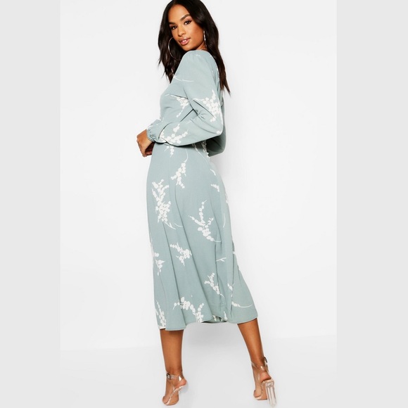 BOOHOO Tall Floral Print Wrap Midi Dress Sage - Picture 4 of 9